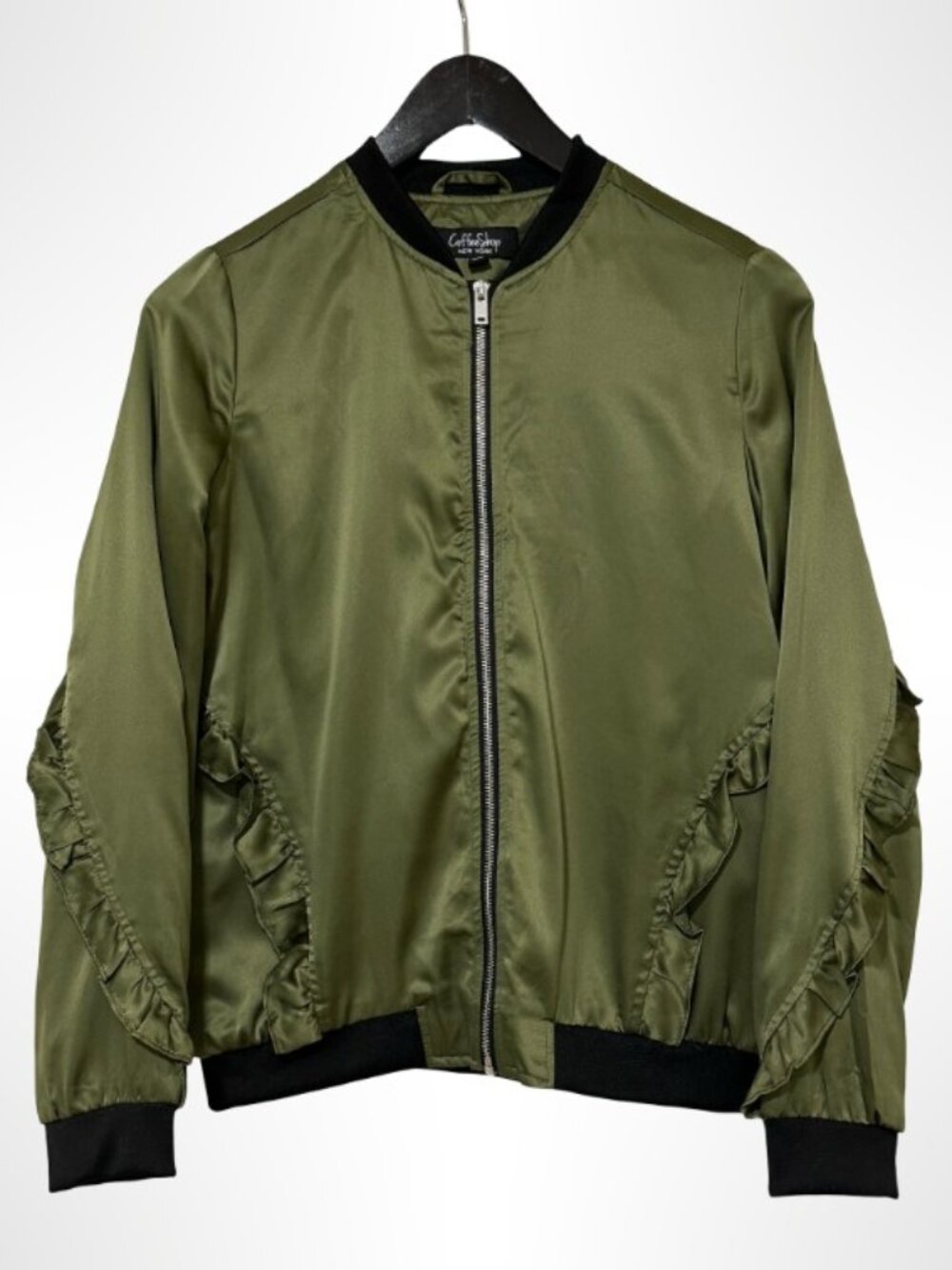 COFFEE SHOP NEW YORK Bomber Jacket Satin Ruffle Olive Green Size S